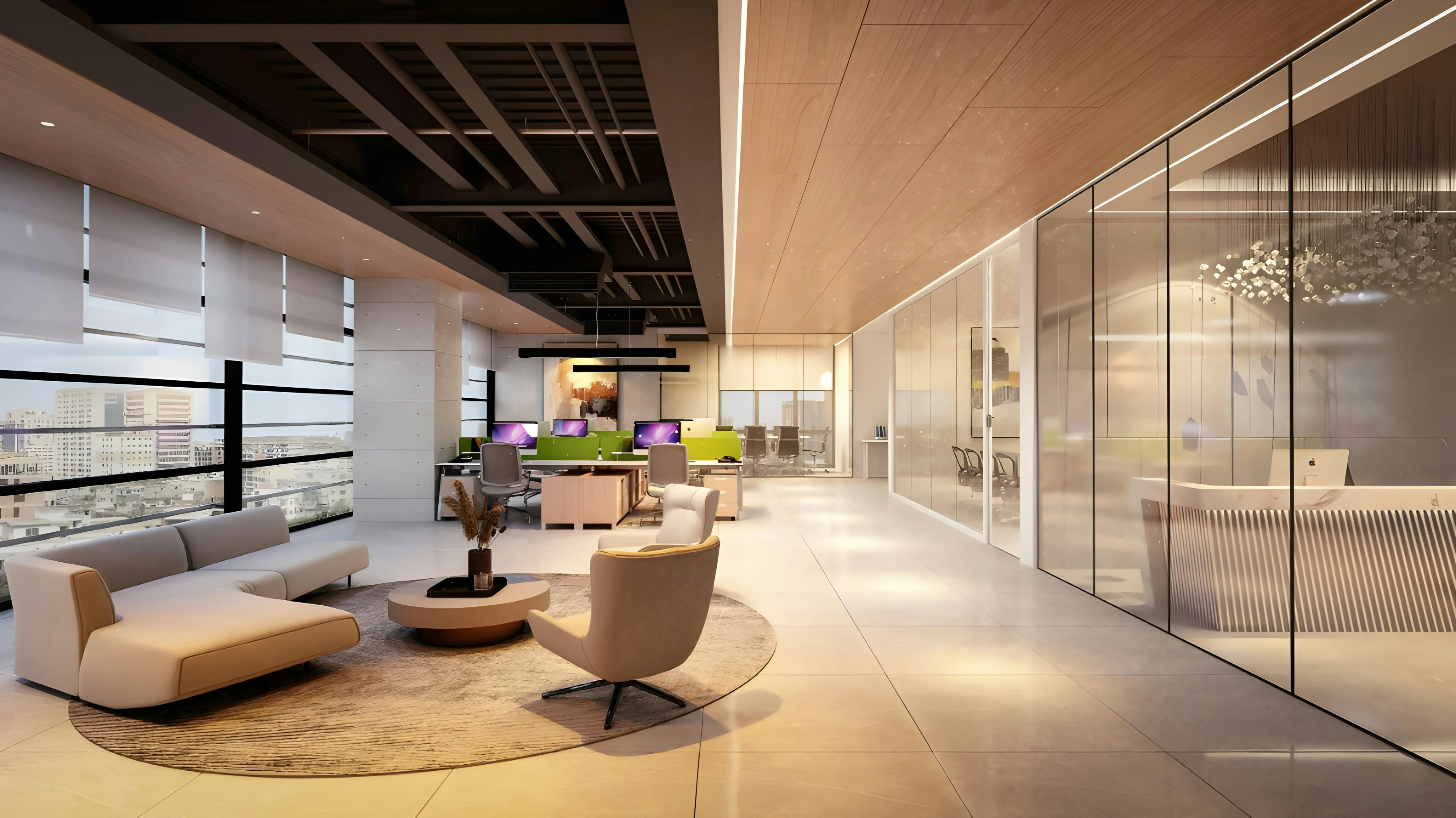 Timber lined office lobby with glazed partitions and concealed lighting